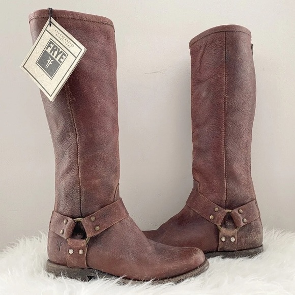 $438 FRYE Phillip Harness Tall Moto Brown Leather Riding Combat Cowboy Boots 5.5 - Picture 1 of 16